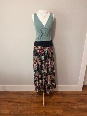 Floral Black Maxi Skirt with Pink and Cream Accents